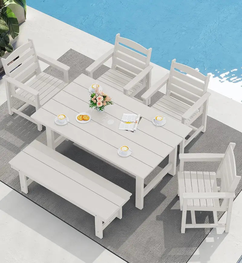 SERWALL 7-Piece Blue HDPE Outdoor Dining Set with Umbrella Hole and Stackable Chairs