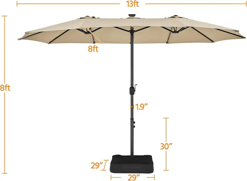 15-Foot Solar-Powered Rectangle Patio Umbrella with 36 LEDs and Crank Lift