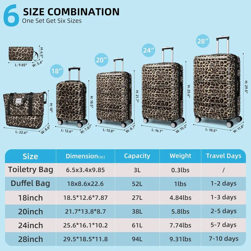 6-Piece Expandable Rolling Luggage Set  Lightweight Hardshell Suitcases with Smooth-Spinning Wheels & Modular Packing Options