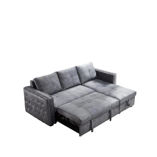 Reversible Gray Velvet L-Shape Sleeper Sectional with Built-In Storage Compartment