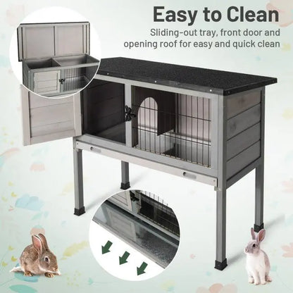 Dual-Use Elevated Wooden Hutch for Rabbits  Indoor/Outdoor Design with Slide-Out Tray for Easy Maintenance