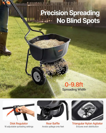 60-Lb Walk-Behind Broadcast Spreader  All-Terrain Push Spreader with 10″ Pneumatic Tires & Adjustable Spread Width