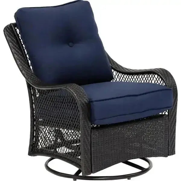 Orleans 5-Piece Patio Fire Pit Set — Steel Conversation Area with Swivel Gliders, Navy Cushions, and Square Table Base