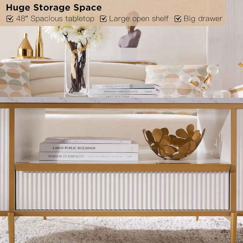 OKD 48-Inch Oval Grooved Coffee Table  Imitation Marble Top, Gold Trim, Curved Contour Design with Drawers