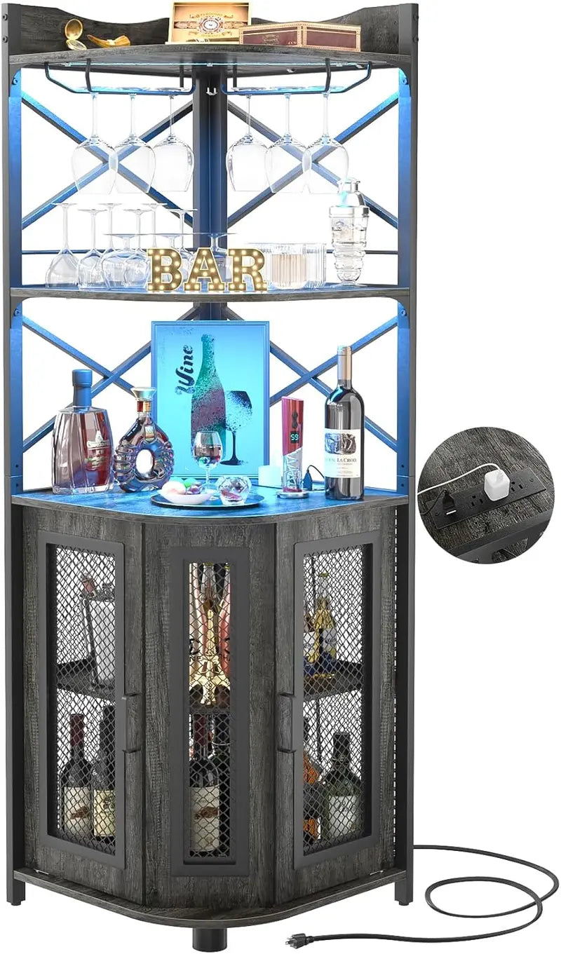Aheaplus Industrial-Style Corner Bar Cabinet with LED Lighting, Power Outlet & Glass Rack  5-Tier White Oak Liquor Storage Unit for Compact Spaces
