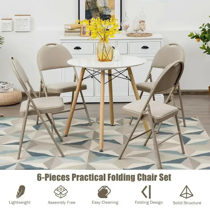 6-Pack Folding Chairs  Portable Padded Dining or Office Seats (Beige, 18.5″ x 20″ x 35″)