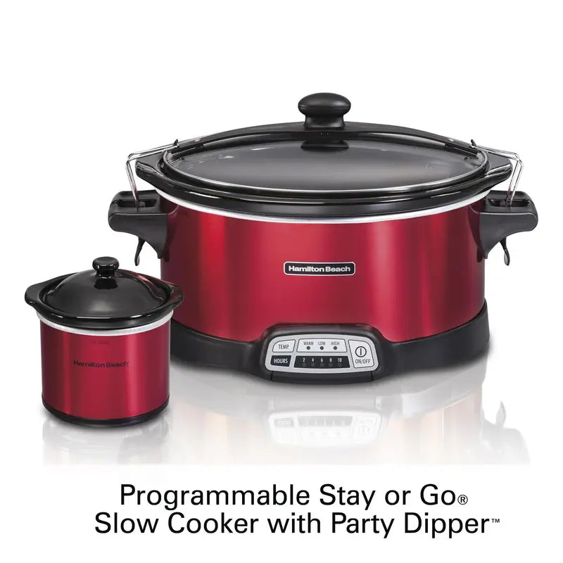 Hamilton Beach 7-Quart Programmable Stay or Go Slow Cooker with Built-in Party Dipper  Red Model 33478