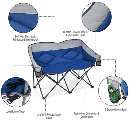 Couples Folding Loveseat Chair  Double-Seater Camping Chair with Padded High Back and Carry Storage Bags
