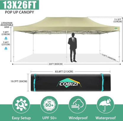 COBIZI Heavy-Duty 10×20 FT Pop-Up Canopy Tent  6 Wind-Resistant Sidewalls, Black Frame, Roller Bag