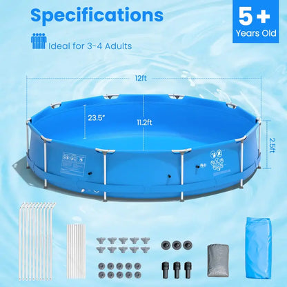 12-Foot Round Steel Frame Swimming Pool  Above-Ground Backyard Pool (30″ Depth)