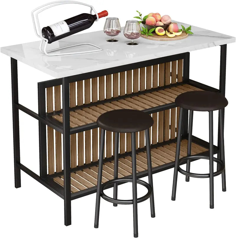 Modern Faux Marble Kitchen Island with Seating & Storage  Compact Bar Table Set for Small Spaces