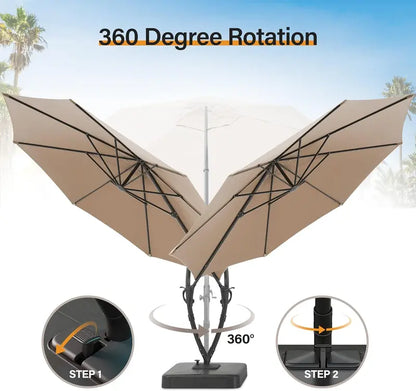 LAUSAINT HOME 11-Foot Cantilever Umbrella — Curvy Offset Design with 360° Rotation, Base Included, Beige Finish