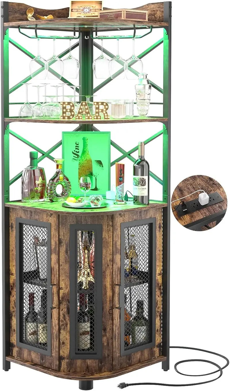 Aheaplus Industrial-Style Corner Bar Cabinet with LED Lighting, Power Outlet & Glass Rack  5-Tier White Oak Liquor Storage Unit for Compact Spaces
