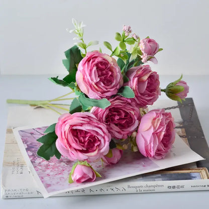Korean-Style Handheld Peony Bouquet  Five-Spray Silk Floral Arrangement (31 cm)
