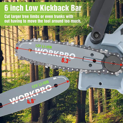WORKPRO 6.3″ Compact Cordless Mini Chainsaw with Dual Batteries & Spare Bar/Chain
