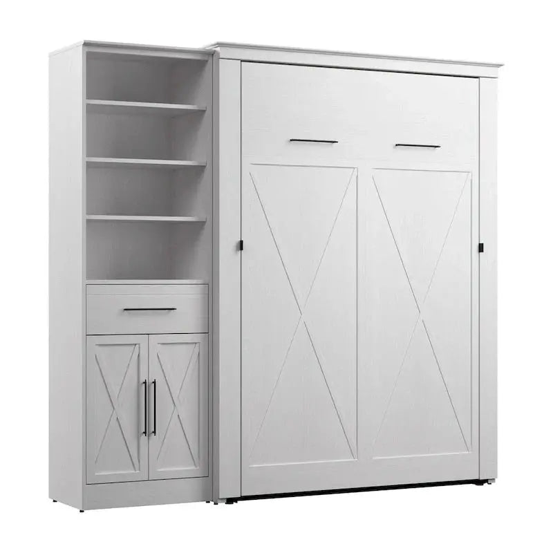 Key West Full Murphy Bed with Built-In Wardrobe  Bestar Space-Saving Wall Bed Unit (88″ Wide) with Closet Integration