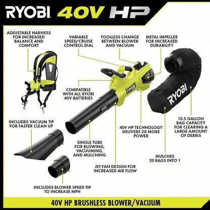 RYOBI 40V HP Brushless 100 MPH 600 CFM Cordless Leaf Blower/Mulcher/Vacuum with (2) 4.0 Ah Batteries and Charger RY404150