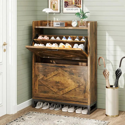 Compact Shoe Storage Cabinet Featuring Two Flip Drawers and One Adjustable Shelf