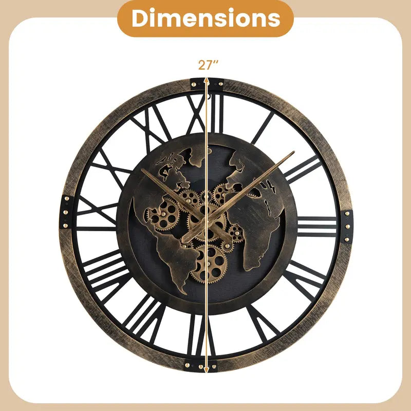 27-Inch Gear-Driven World Map Wall Clock  Silent, Decorative Metal Design with Rotating Gears