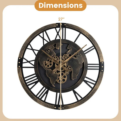 27-Inch Gear-Driven World Map Wall Clock  Silent, Decorative Metal Design with Rotating Gears