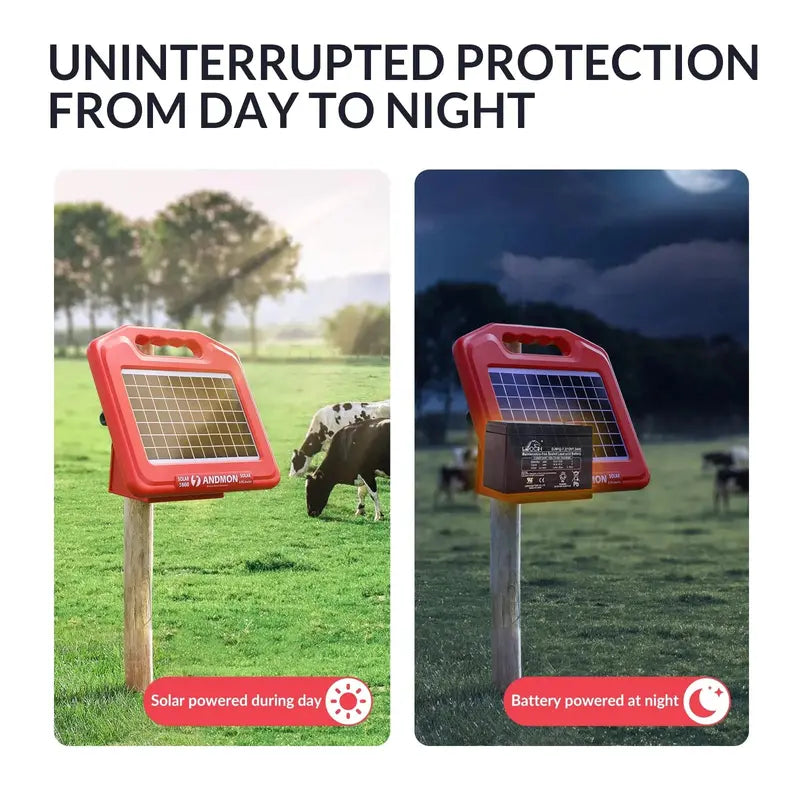 ANDMON Solar-Powered Fence Charger with Dual Input and 30-Mile Range