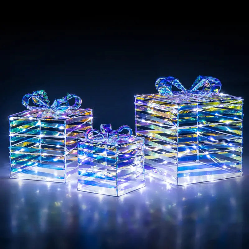 Three-Piece Lighted Gift Box Set — 90 LED-Illuminated Presents with Bows, Zip Ties & Ground Stakes