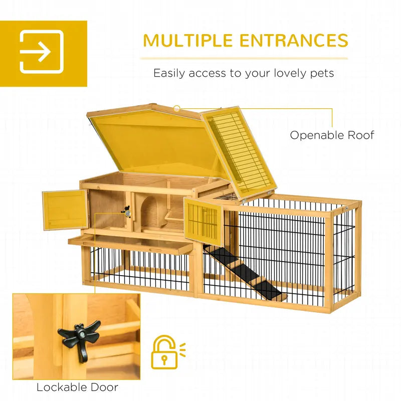 Pawhut Solid Wood Rabbit Hutch with 2 House Levels and Patio Space, Easy Clean