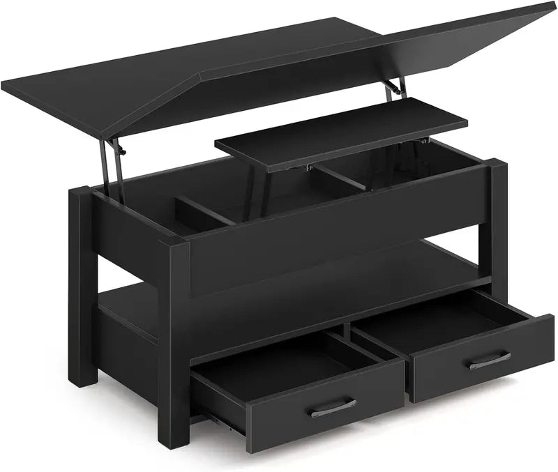 Lift-Top Black Coffee Table  Multi-Function Convertible Table with Drawers & Hidden Compartment for Living Room or Office