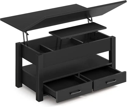 Lift-Top Black Coffee Table  Multi-Function Convertible Table with Drawers & Hidden Compartment for Living Room or Office