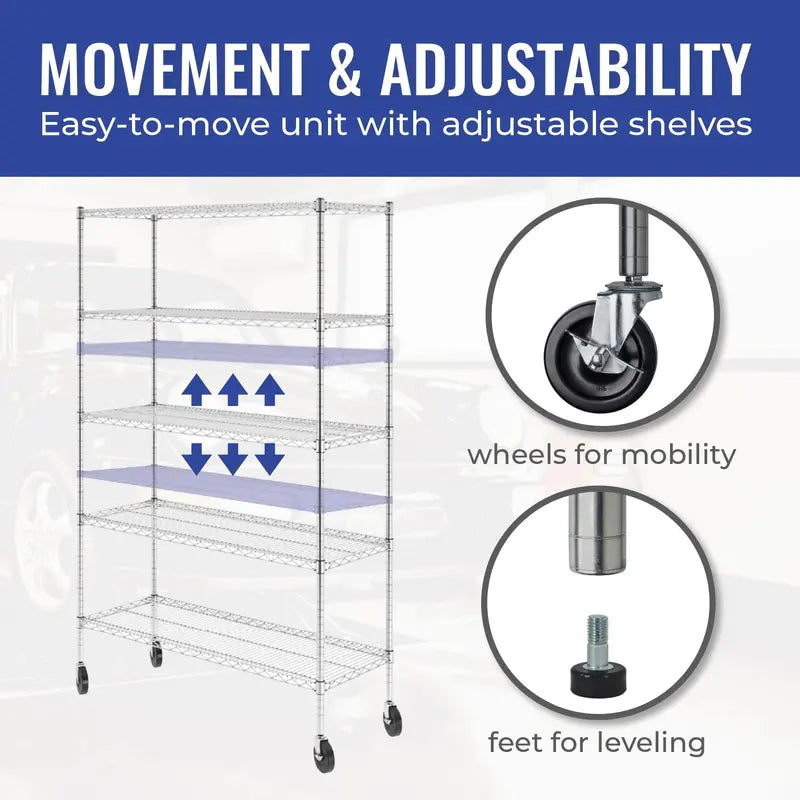SafeRacks NSF Certified 5-Tier Wire Shelving Storage Unit, 48″x18″x76″, Heavy-Duty Metal Shelves with Wheels, Commercial Grade