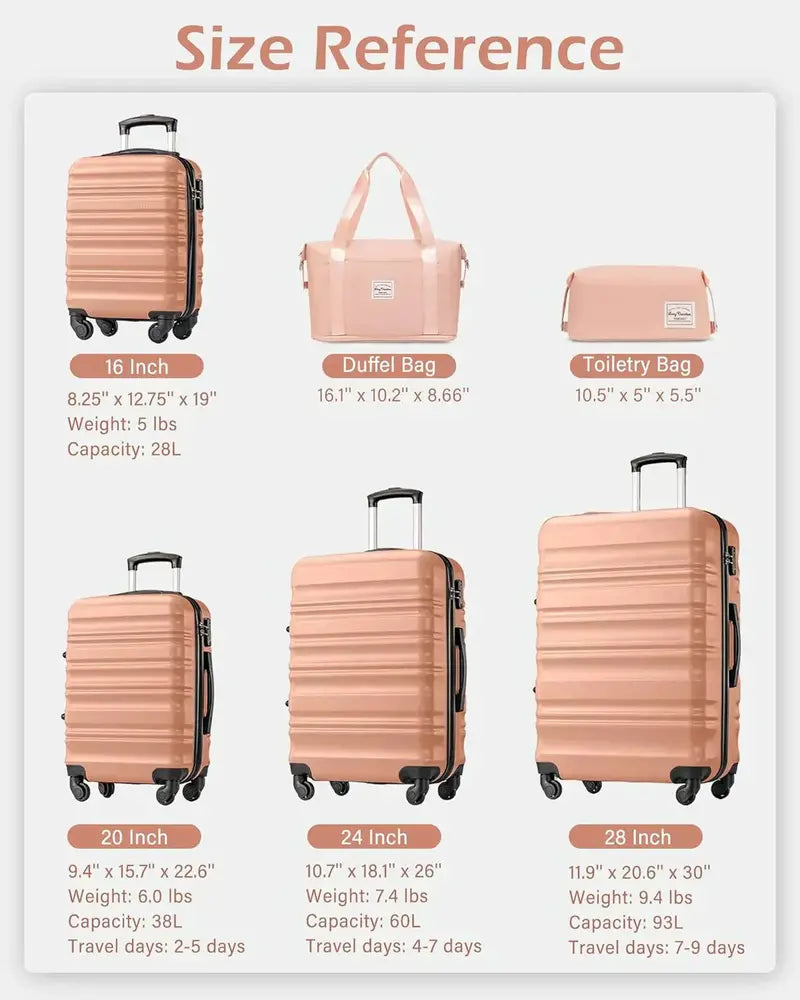 LONG VACATION 6-Piece ABS+PC Hardshell Luggage Set with Spinner Wheels and Carry-On Suitcase