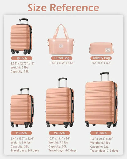 LONG VACATION 6-Piece ABS+PC Hardshell Luggage Set with Spinner Wheels and Carry-On Suitcase