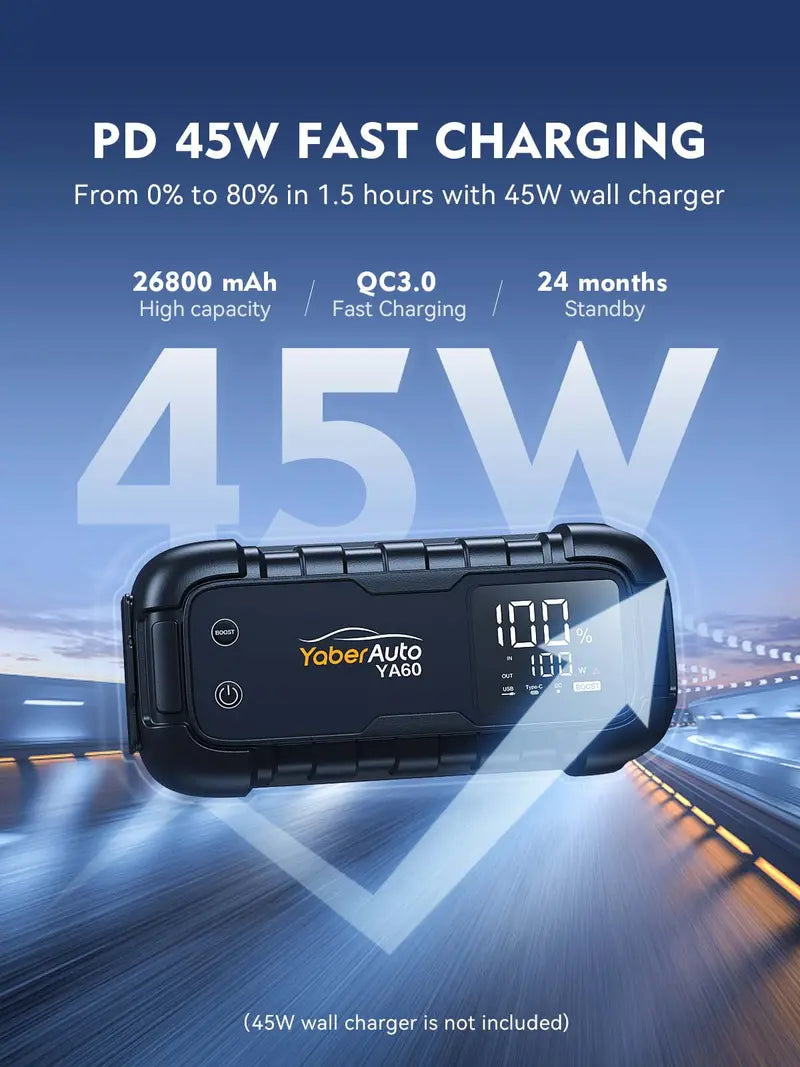 YaberAuto Car Battery Jump Starter 6000A Powerful Portable Jump Box( for All Gas/ 12L Diesel Engines)45W Fast Charging,Extended Jumper Cables,600 Lumens Light