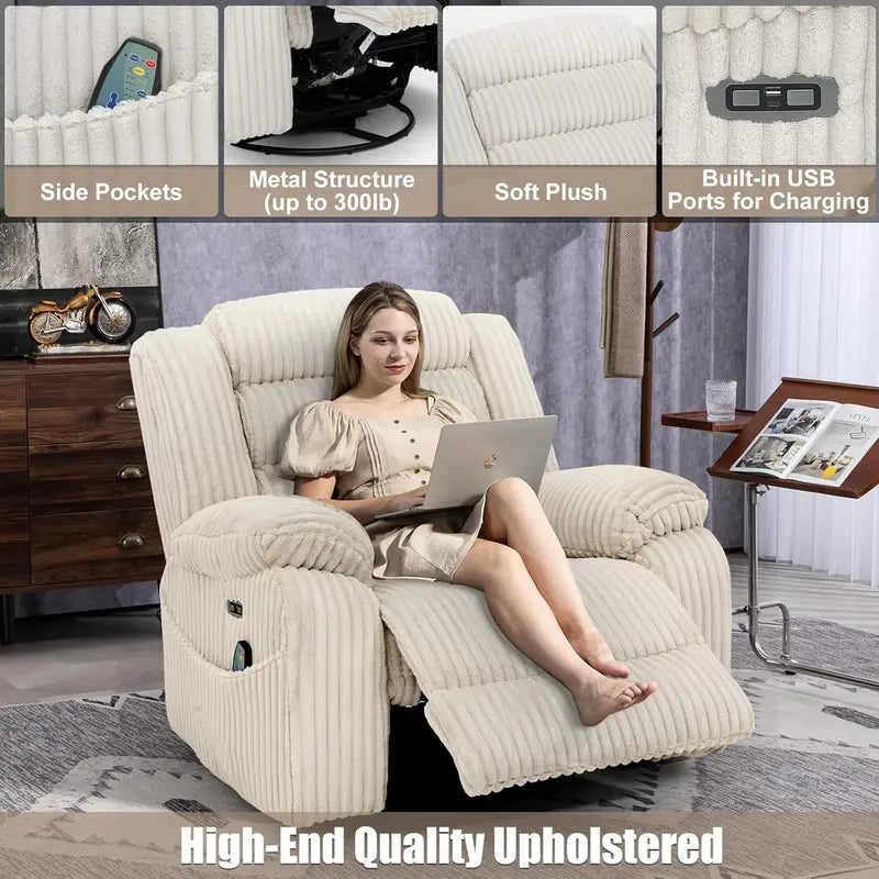 Electric Massage Rocker Chair: Rotating Recliner for Adults with USB Charging & Calorie Tracking