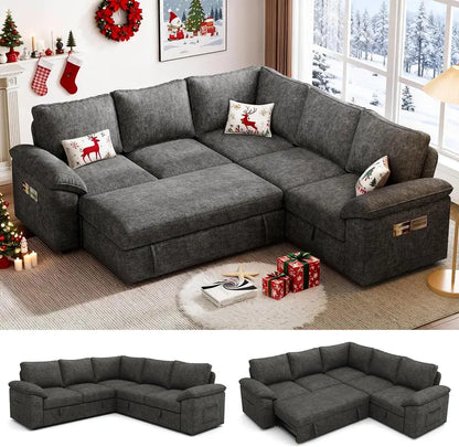 108-Inch U-Shaped Modular Sectional Sofa with Pull-Out Sleeper Bed and Customizable Layout