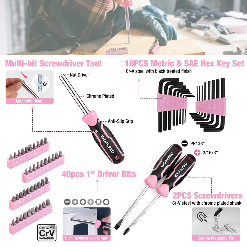 WORKPRO Complete Household Tool Set  258 or 284 Pieces, Pink Ribbon Design