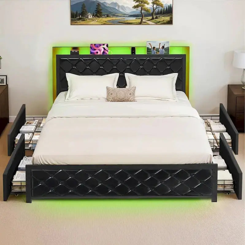 Moasis Queen Platform Bed Frame  PU Upholstered Base with Integrated LED Lighting
