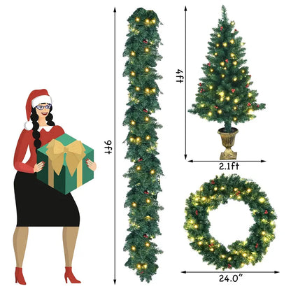 Holiday Garland Set  Pre-Lit 4-Piece Christmas Decor Collection for Mantel or Doorway