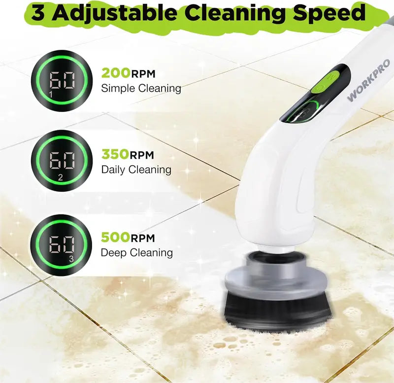 WORKPRO Cordless Spin Scrubber with Adjustable Handle, 3 Power Levels, and 8 Interchangeable Brush Heads