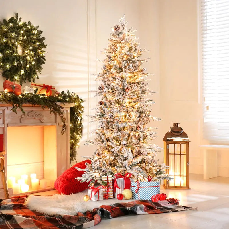 6-Foot Snow-Flocked Hinged Christmas Tree with 210 Warm-White Incandescent Bulbs
