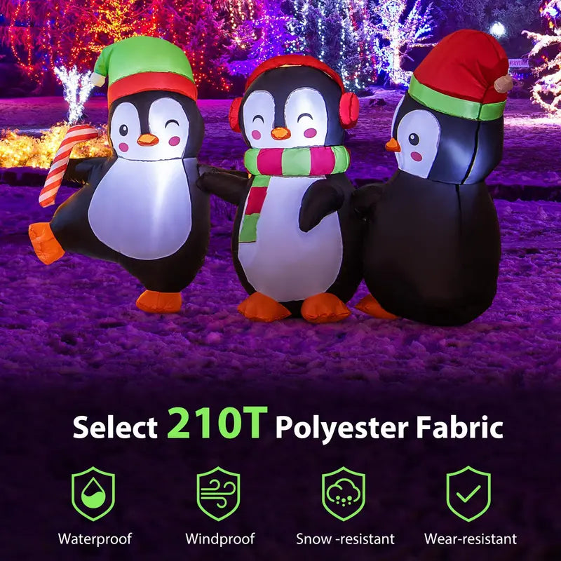 6-Foot Inflatable Penguin Family — LED-Lit Group Display with Interlocked Hands