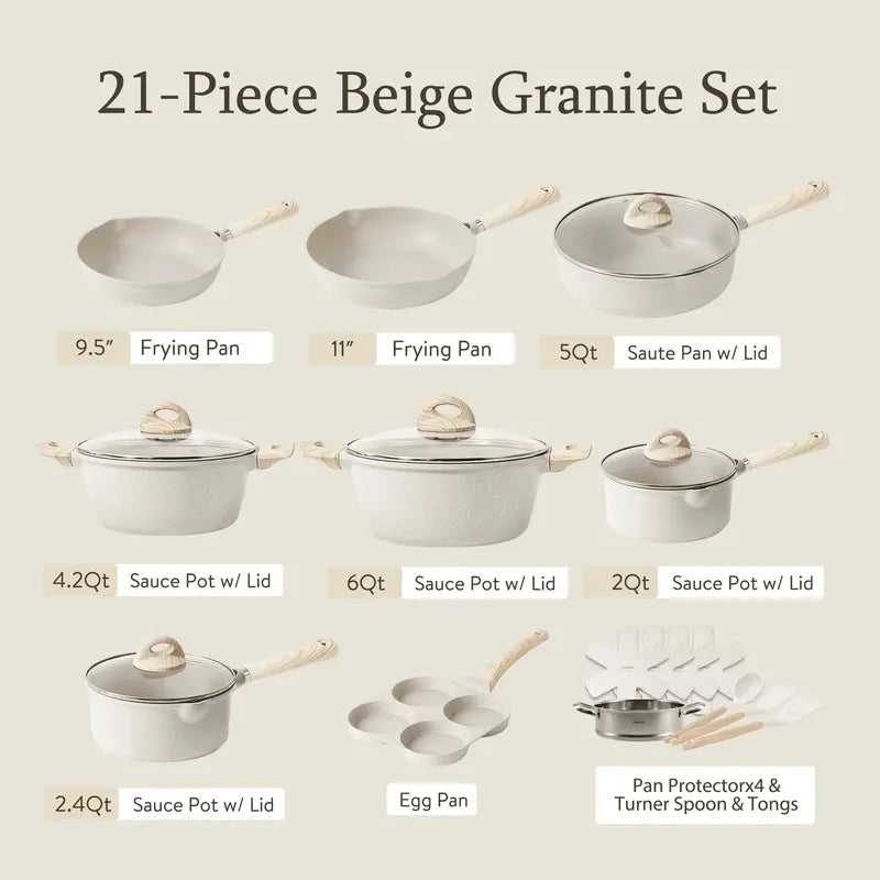 Carote 21-Piece Granite-Coated Cookware Set  Eco-Conscious, Induction-Ready, Beige Finish