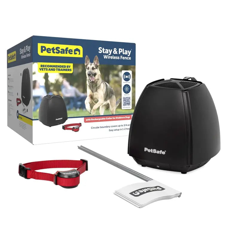 PetSafe Stay & Play Wireless Pet Fence for Stubborn Dogs  Adjustable, Portable, No Digging Required, Covers 3/4 Acre, Rechargeable Collar