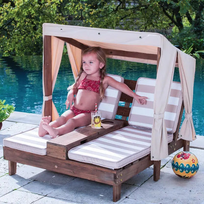 KidKraft Honey-Finished Outdoor Double Chaise Lounge  Navy & White Striped Fabric, Ages 38