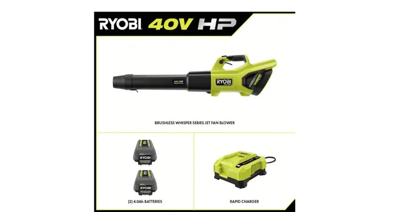 RYOBI 40V HP Cordless Leaf Blower  Brushless Motor, 730 CFM & 190 MPH Air Speed, Ultra-Quiet 57 dB with Dual 4.0Ah Batteries and Charger