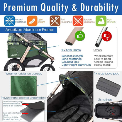 All-Terrain Pet Jogging Stroller  Aluminum Frame, Zipper-Free Entry, One-Hand Fold, Rubber Wheels (Green Camo)