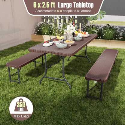 6-Foot Rattan-Style Plastic Folding Table  HDPE Textured Top, 350 lb Outdoor Duty