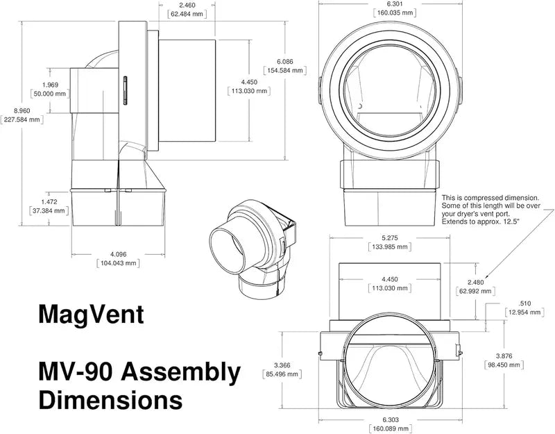 MagVent MV-90 12″ Magnetic Dryer Vent Coupling, 90° UL 2158A Approved, Easy Install