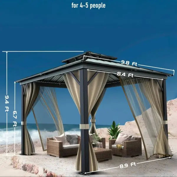 10′ x 10′ All-Weather Hardtop Gazebo  Dual Metal Roof, Aluminum Structure, Netting & Curtains, Khaki Patio Shelter