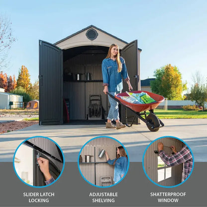 Lifetime 8′ x 10′ Outdoor Storage Shed  Durable Polyethylene Structure with Lockable Doors & Ventilation